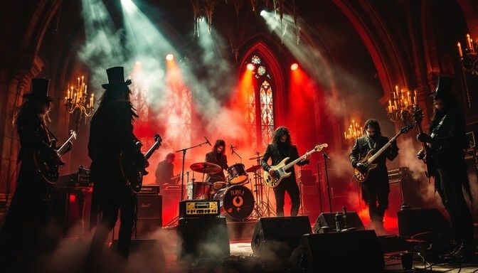 Gothic-Rock-Band spielt mit Schlagzeug und Gitarren in einer Kirche