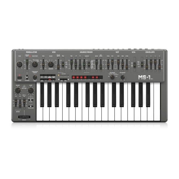Grauer analoger Synthesizer mit Reglern und schwarz-weißer Klaviatur
